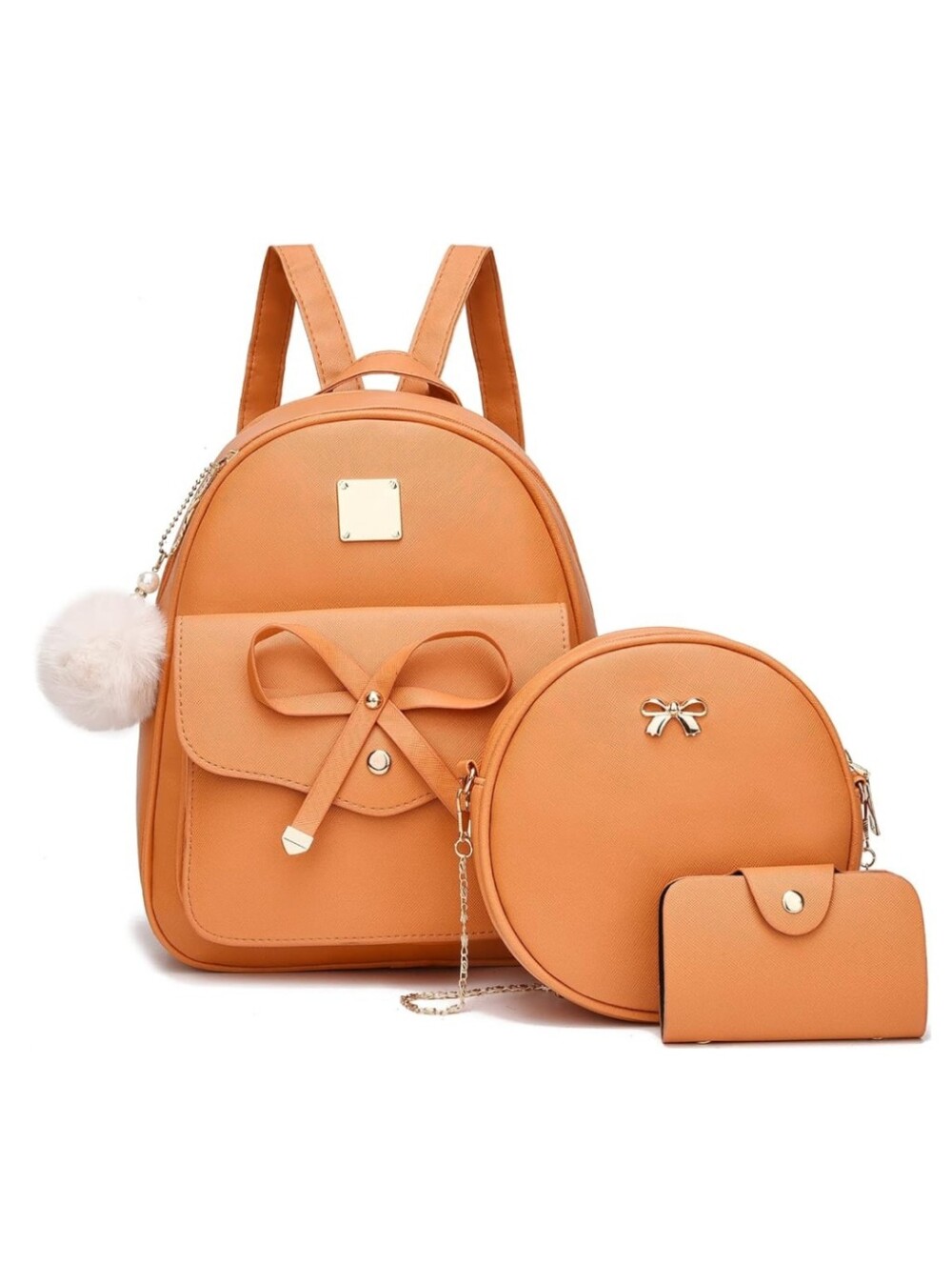 NWT Girls 4-Piece Faux Leather Fashion Backpack Set In Orange